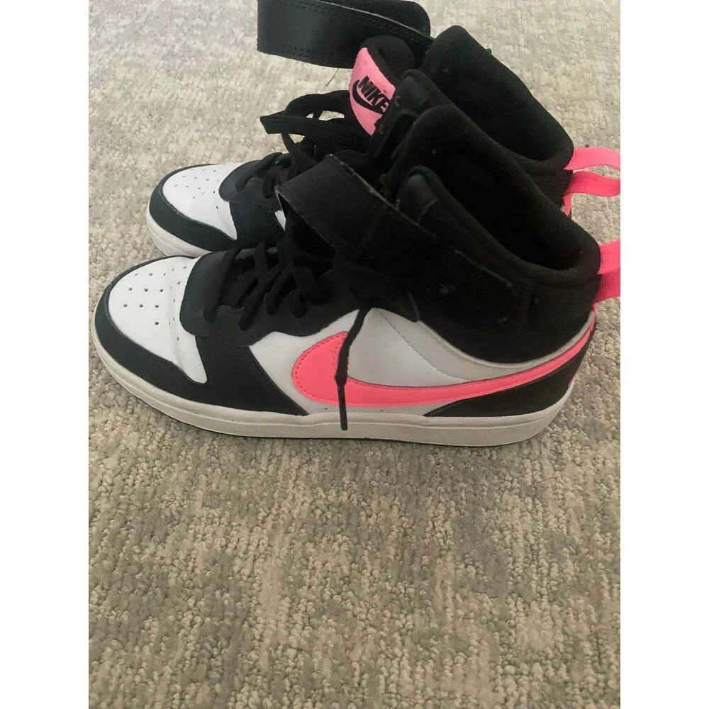 Nike Court Borough Kids High Top Sneakers Black/White/Pink Straps Lace Up 3.5